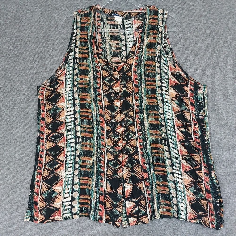 SHIP N SHORE WOMEN VTG SLEEVELESS BUTTON FRONT GEOMETRIC PRINT MULTICOLOR TOP 18